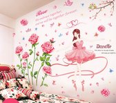 Muursticker Roze roos en dansend meisje - - Kinderkamer  - Muurdecoratie - Wandsticker - Sticker Voor Kinderen 60×90CM/50×70CM
