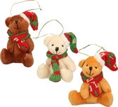 3x Kersthangers knuffelbeertjes wit beige en bruin met gekleurde sjaal en muts 7 cm - Kerst hangdecoratie - Kerstboom versiering