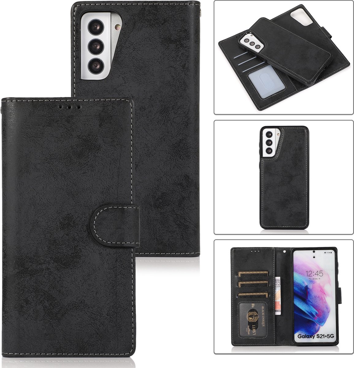 Bookcase geschikt voor Samsung Galaxy S21 | Hoogwaardig Pu Leren Telefoonhoesje | Lederen Wallet Case | Zwart