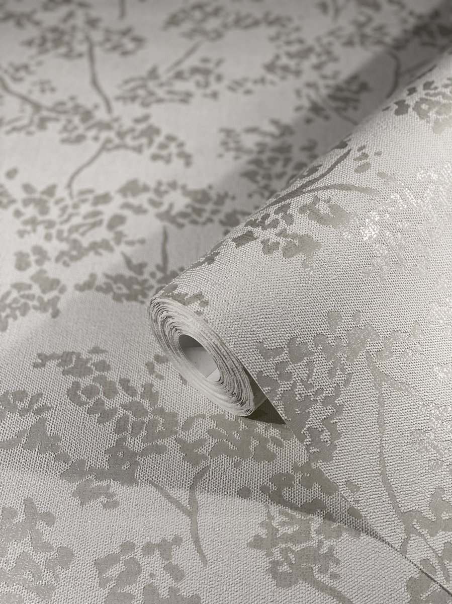 Behang Wit - Metallic - Bloemen - Woonkamer - Slaapkamer - Muurdecoratie