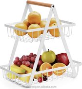 GeeKaa® Fruitschaal - Fruitmand - etagere - opbergmand - organiser - wit - staal - houten handvat - opberger - broodmand - 2 laags - lagen - twee manden - GK