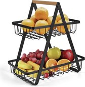Fruitschaal Etagere 2 Lagen voor Keuken - Large - 30x18x32 - Fruitmand Zwart Metaal - Keuken Organizer - Industrieel