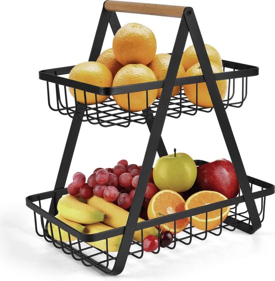 Fruitschaal Etagere 2 Lagen voor Keuken Aanrecht - Fruitmand Zwart Metaal - Keuken Organizer - Industrieel - RVS - 30x18cm