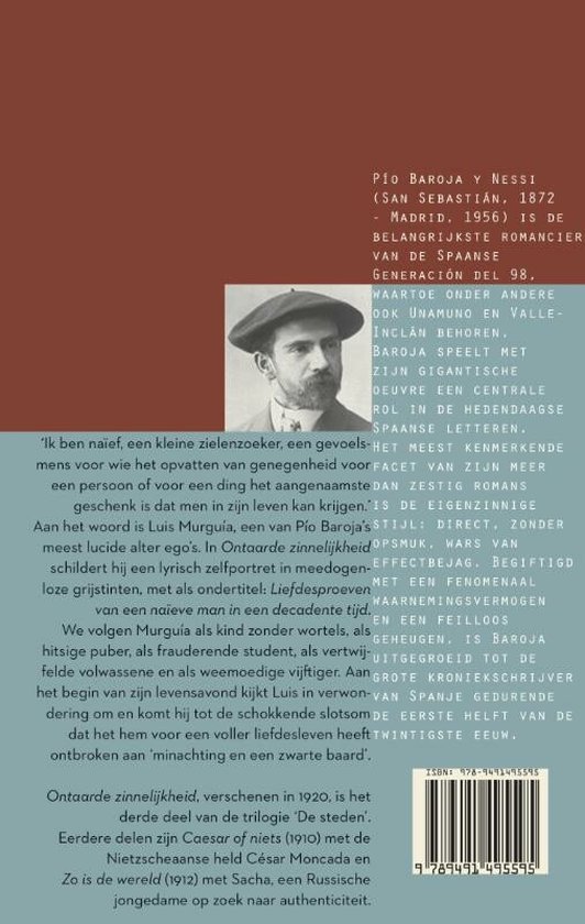 Zwart-witfoto van Pío Baroja in baret en jasje. Tekst in het Spaans.