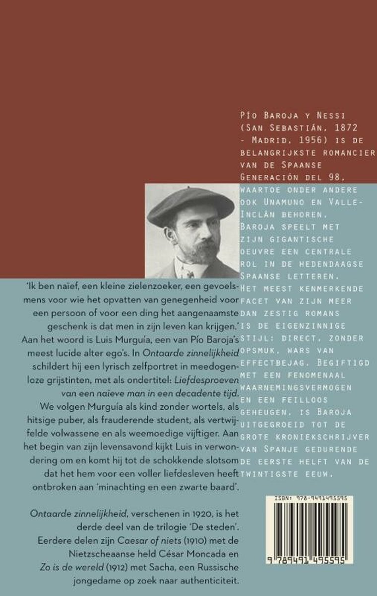 Zwart-witfoto van Pío Baroja in baret en jasje. Tekst in het Spaans.