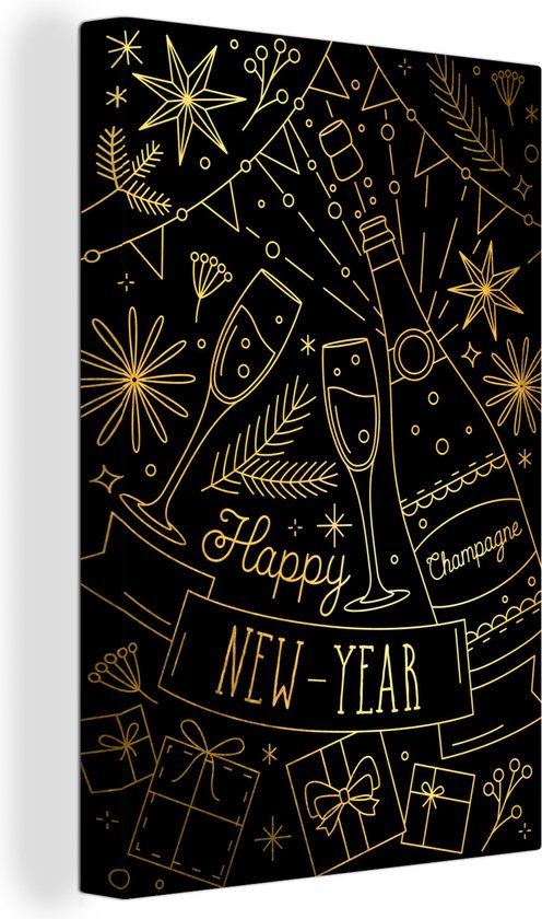 Canvas Schilderij Nieuwjaar - Champagne - Goud - Patronen - 60x90 cm - Wanddecoratie