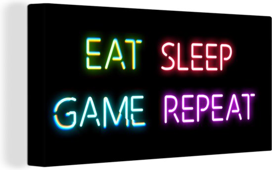 Canvas Schilderij Gaming - Neon - Eat sleep game repeat - Wanddecoratie