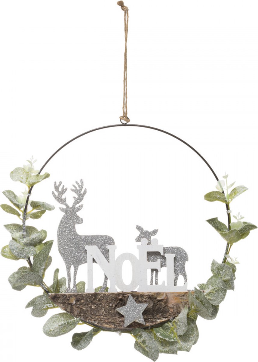 Kersthanger Kerstkrans Metaal met Hert en bambi met groene besneeuwde blaadjes en de tekst Noël Ø28cm
