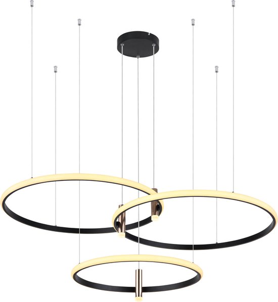 Hanglamp met drie grote ringen | 120 x 90cm | Ledlamp | Metaal | Zwart | Mat | LED | Metaal Goudkleurig
