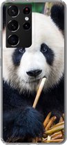 Geschikt voor Samsung Galaxy S21 Ultra hoesje - Panda - Bamboe - Natuur - Siliconen Telefoonhoesje