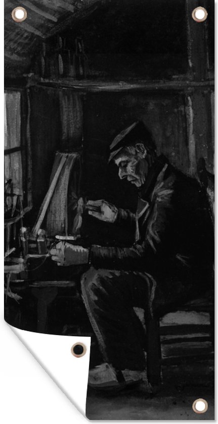 Schuttingposter Garenspinnende man - Vincent van Gogh - Zwart - Wit - 100x200 cm - Tuindoek