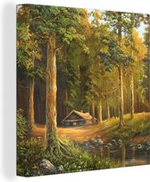 Canvas Schilderij Een illustratie van een huisje in een bos - 90x90 cm - Wanddecoratie