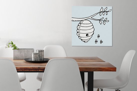 Illustration de bande dessinée d'abeilles et d'une toile de ruche 50x50 cm - Tirage photo sur toile (décoration murale salon / chambre) / Animaux sauvages Peintures sur toile