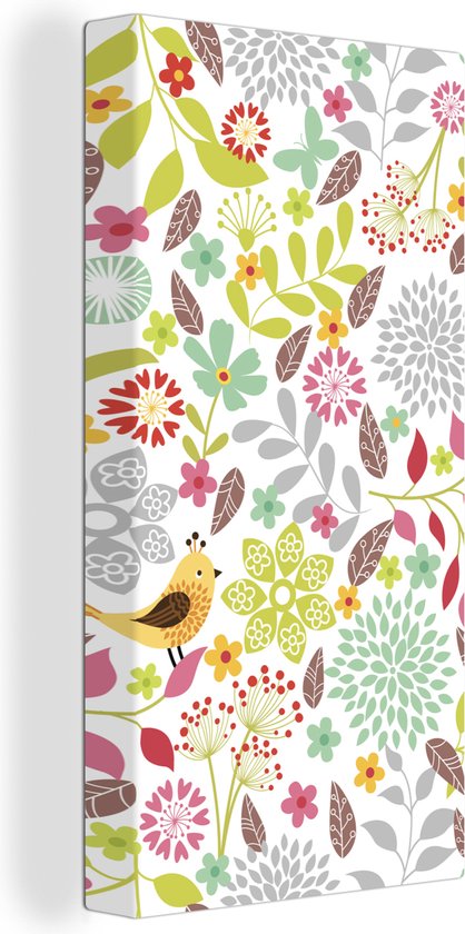 Canvas Schilderij Een bloemdessin illustratie met vogels - 40x80 cm - Wanddecoratie