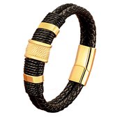 Malinsi Armband Heren - Goud RVS - Zwart Leer - Mannen - Armbandje 21 cm