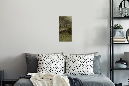 Stickers muraux - Bergère avec troupeau de moutons - Peinture d'Anton Mauve - 20x40 cm - Feuille adhésive