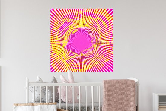 Sticker Muursticker Art psychédélique - Art psychédélique aux rayons roses et jaunes - 80x80 cm - film adhésif autocollant - sticker mural repositionnable