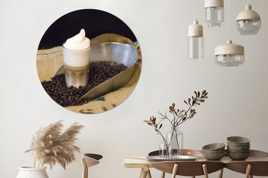 WallCircle - Wandcirkel ⌀ 120 - Latte macchiato met koffiebonen - Ronde schilderijen woonkamer - Wandbord rond - Muurdecoratie cirkel - Kamer decoratie binnen - Wanddecoratie muurcirkel - Woonaccessoires XXL