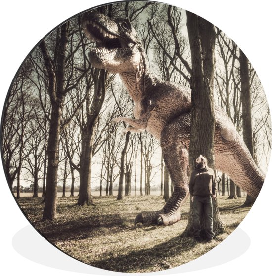 WallCircle - Wandcirkel - Muurcirkel - Dinosaurus - Bos - Boom - Aluminium - Dibond - ⌀ 60 cm - Binnen en Buiten