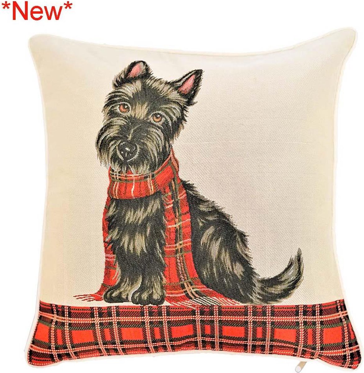Signare Kussenhoes - luxe gobelinstof- Scottie - Honden - Hond - Schotse Ruit Creme