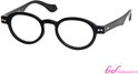 Lunettes de lecture noires avec verres ronds et monture épaisse, deux points sur chaque branche.