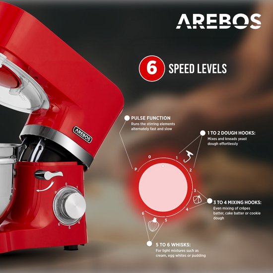AREBOS Keukenmachine - 1500W - Keukenrobot - 5,5L&4,5L - Keukenmixer - Foodprocessor - Roestvrij Stalen Mengkom - 6 Snelheden - Rood van AREBOS — afbeelding 5