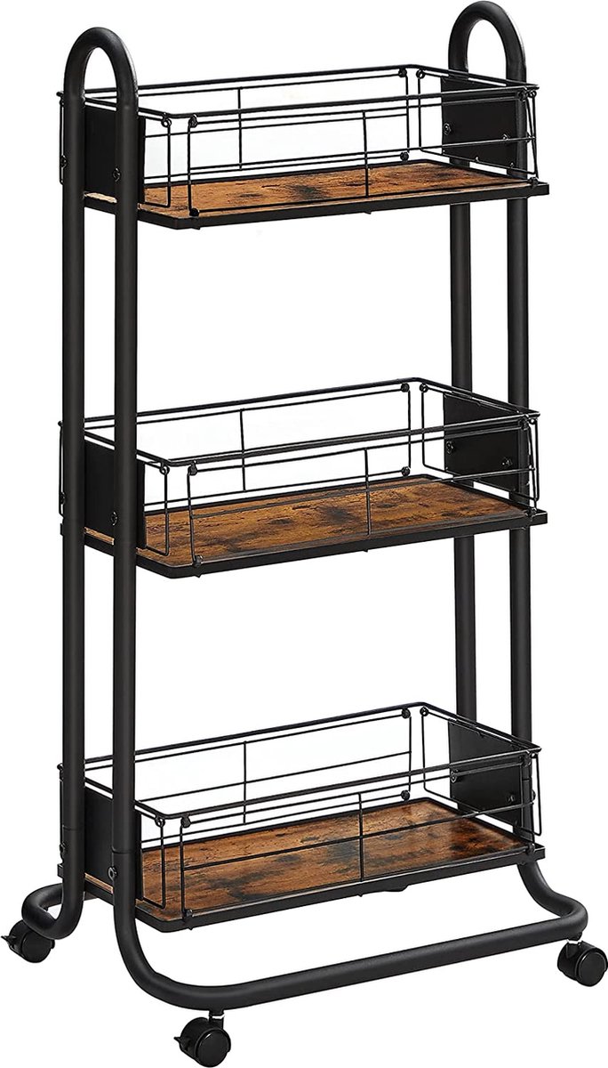 serveerwagen, keukenwagen, keukenplank op wieltjes, trolley met 3 niveaus, wielen 360° draaibaar voor keuken, eetkamer, woonkamer, kantoor aan huis, vintage bruin-zwart LRC031B01