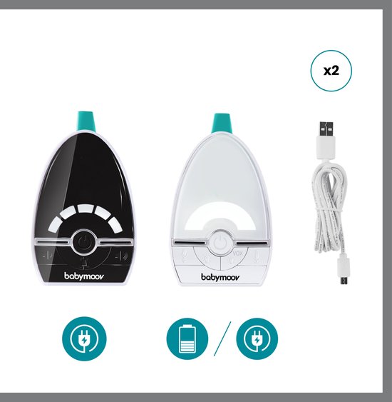 Zwarte en witte babymoov babyfoons met usb-kabel, met indicatoren voor batterij.