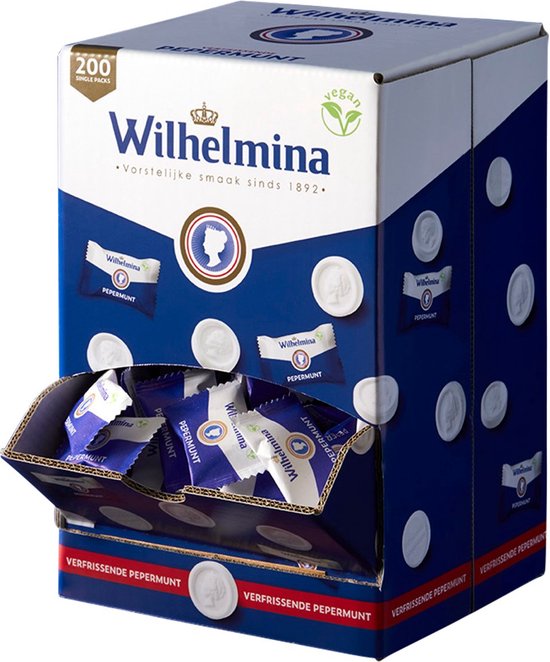 Displaydoos Wilhelmina Pepermunt met 200 losse verpakkingen. Blauw-witte doos met pepermuntjes.