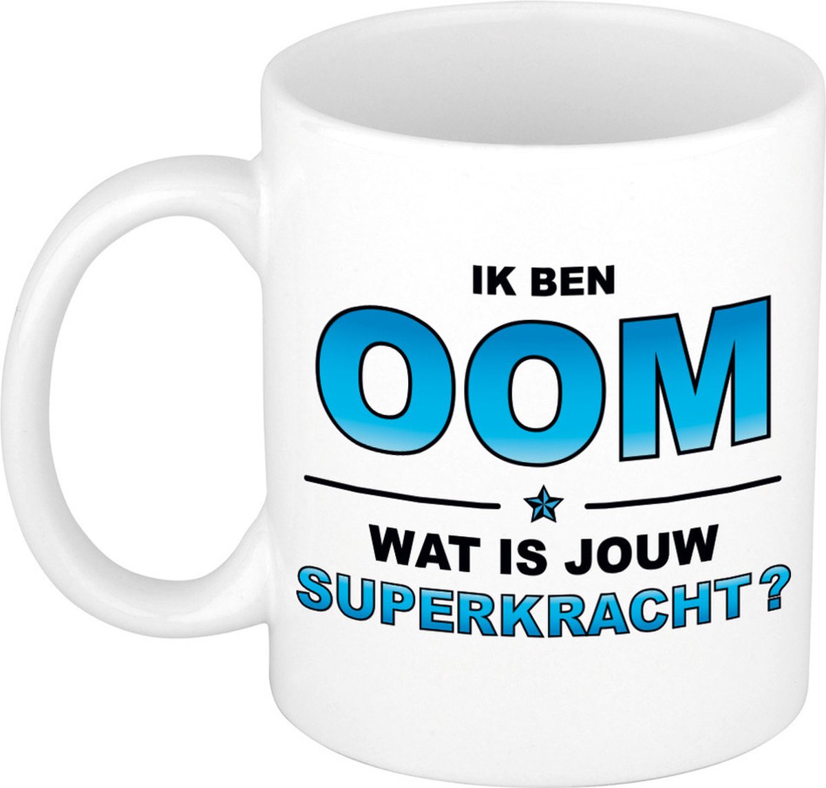 Ik ben oom wat is jouw superkracht mok / beker - wit met blauwe tekst - cadeau verjaardag