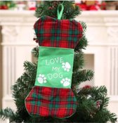 Kerstsok voor honden "love my dog" - 45 cm - rood groen geruit