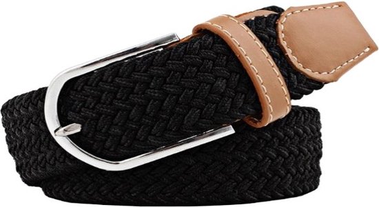 Zwarte elastische gevlochten riem met bruine lederen accenten en zilverkleurige gesp.
