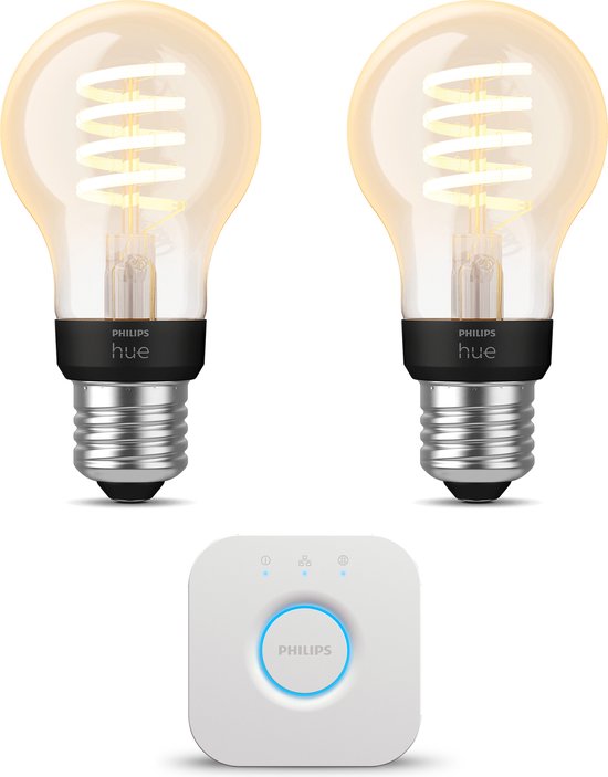 Philips Hue Starterspakket White Ambiance E27 - Filament Standaard - 2 Hue LED Lampen en Bridge - Eenvoudige Installatie - Werkt met Alexa en Google Home