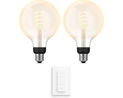 Philips Hue Uitbreidingspakket - E27 - met 2 Filament Globelampen Groot (G125) - Warm tot Koelwit Licht - Incl. 1 Hue Dimmer Switch - Hue White Ambiance Filament