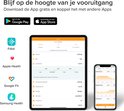 Screenshots van de Robi app op een tablet en smartphone, tonen gezondheidsdata en compatibiliteit met Fitbit, Apple Health etc.