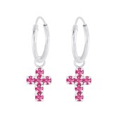 Joy|S - Zilveren kruisje bedel oorbellen - oorringen - kristal roze