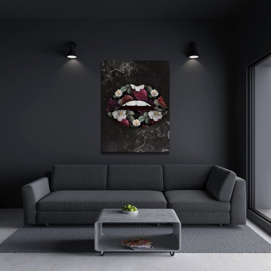 Kanwall - Schilderij - Luxe Flower Lip Woonkamer Slaapkamer Rozen Design Art ** Dik! Effect** - Zwart, Groen En Roze - 100 X 75 Cm