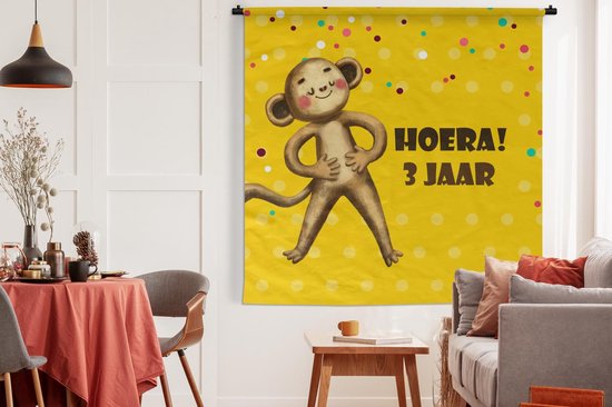 Tapisserie murale - Toile murale - Anniversaire enfant - 3 ans - Peluche - 180x180 cm - Tapisserie