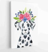 Hond met bloemen krans-aquarel illustratie geïsoleerd op een witte achtergrond. Hand getekende Dalmatische puppy karakter, vooraanzicht - Moderne schilderijen - Verticaal - 1639252