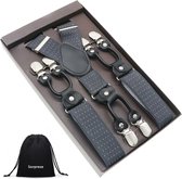 Luxe chique bretels - Grijs witte stip - Sorprese - zwart leer - 6 stevige clips - bretels heren - unisex - bretels