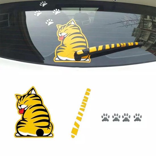 Autosticker Ondeugende Kat met Bewegende Staart op Ruitenwisser - Oranje - Kattensticker voor achterruit auto