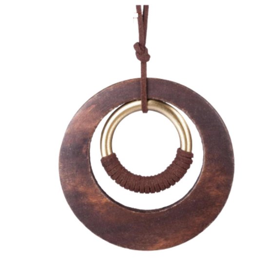 Suede ketting- bruin- schuifkoord- allergievrij-ronde houten hanger-40  cm-Charme Bijoux | bol.com
