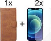 iPhone 13 hoesje bookcase bruin apple wallet case portemonnee hoes cover hoesjes - 2x iPhone 13 screenprotector