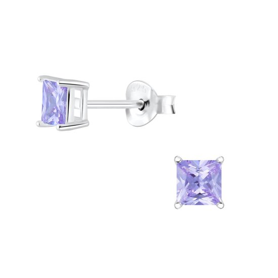 Joy|S - Zilveren vierkant oorbellen - 4 mm - zirkonia lavendel paars