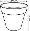 Schematische tekening van een lichtgroene bloempot met afmetingen: diameter 39 cm, hoogte 35,2 cm.