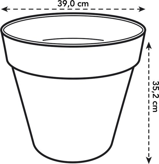 Schematische tekening van een lichtgroene bloempot met afmetingen: diameter 39 cm, hoogte 35,2 cm.