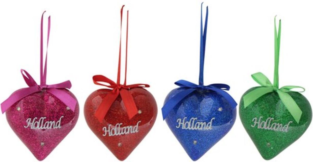 Set Kerstballen Holland Diverse Kleuren: Rood, Blauw, Groen en Roze (4 stuks) - Kerstbal met Licht - Hartje met Glitters en Glanzende Afwerking - Plastic