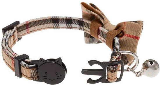 Katten halsband - strik - klassieke ruit - beige - veiligheidssluiting - Merkloos