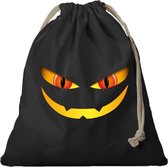 2x Monster gezicht canvas snoep tasje/ snoepzakje halloween zwart met koord 25 x 30 cm - snoeptasje halloween