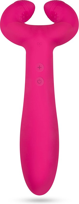 Roze paars koppel vibrator met een Y-vormige bovenkant en een slanke handgreep. Knoppen voor aan/uit en intensiteitsverhoging zijn zichtbaar op de handgreep.